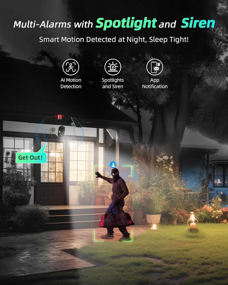 MaxiViz كاميرا شمسية خارجية لاسلكية، كاميرا أمان Wi-Fi بتردد 2.4GHz مع كشف الحركة بالذكاء الاصطناعي، كاميرات لأمان المنزل مع رؤية ليلية ملونة بدقة 2K، حديث ثنائي الاتجاه، مقاومة للعوامل الجوية IP66، تخزين سحابي/SD - Image 5